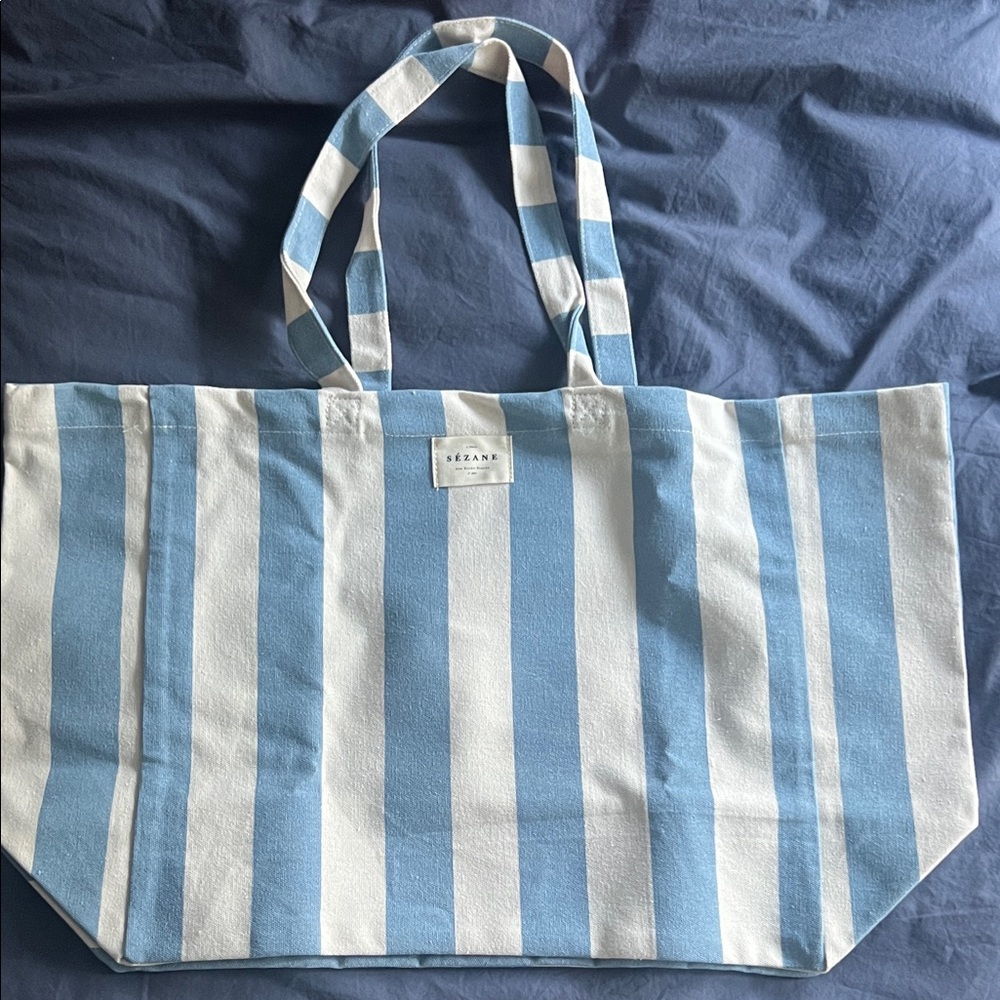Sezane Sky Blue and Cream Striped Tote